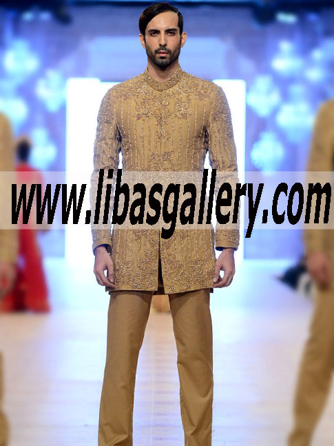 golden wedding sherwani short length indo western style by hsy deisgner pakistan uk usa australia